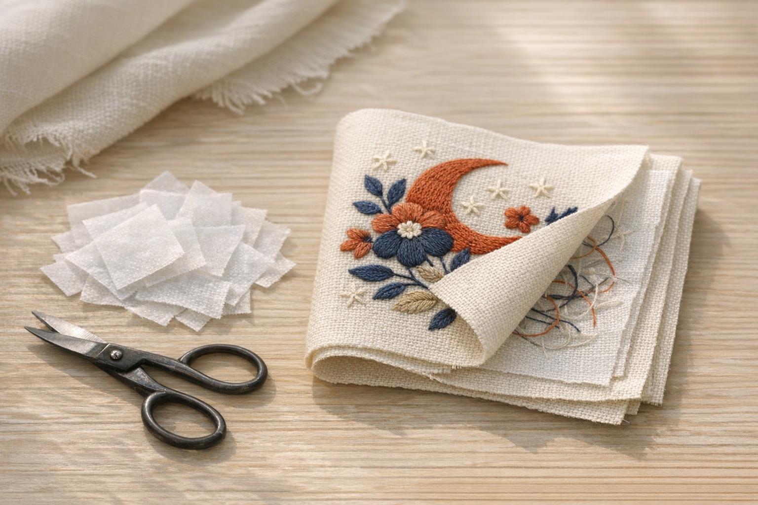 Fabric sample and trimmed backing scraps after an illustrative finishing step.