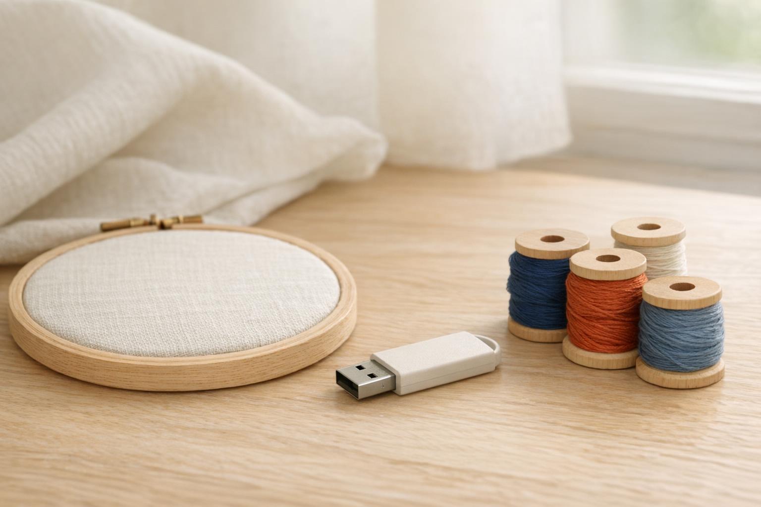 An unbranded USB flash drive beside an ivory fabric hoop and navy, terracotta, and blue thread spools on a pale wood desk.