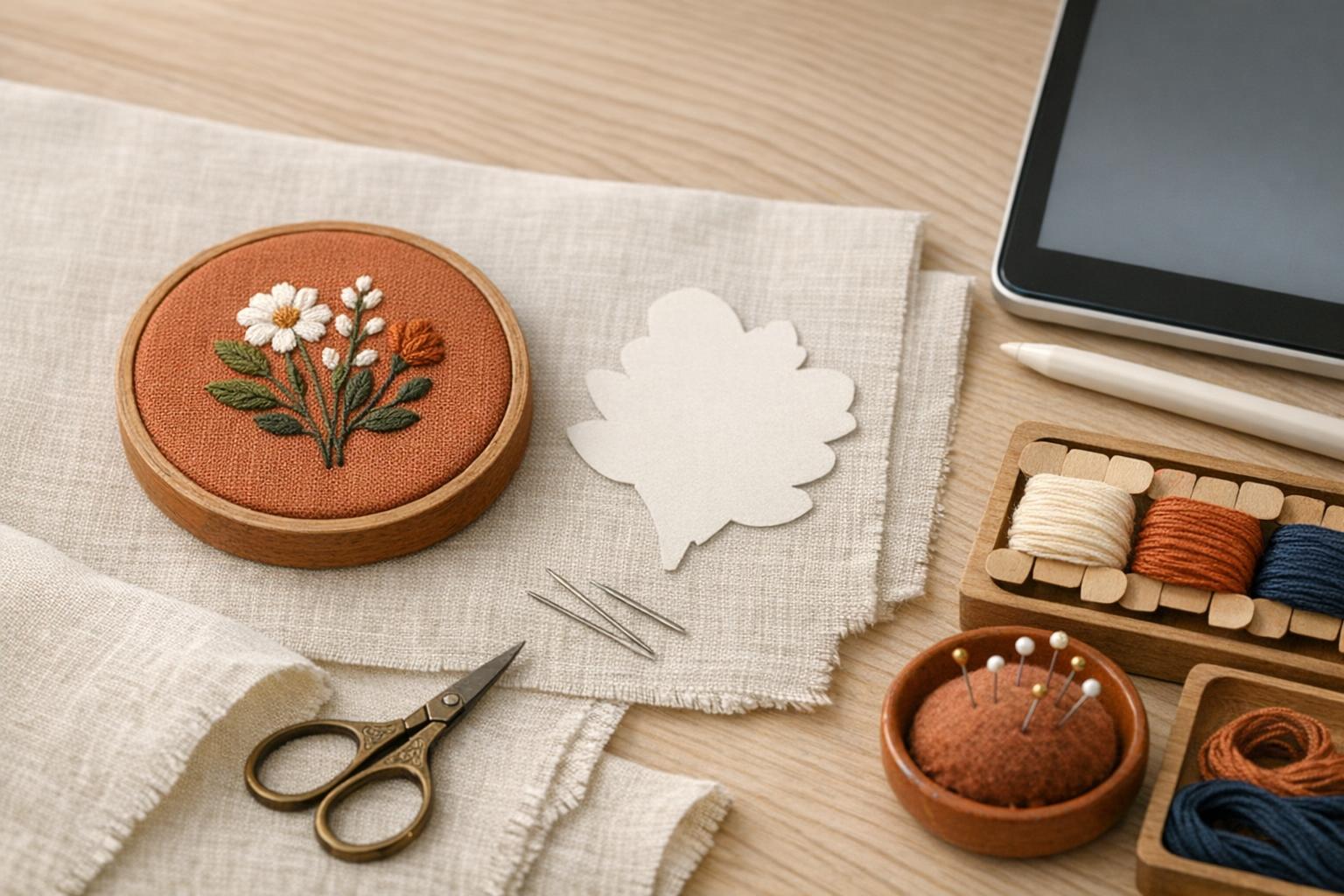 Close view of a small terracotta botanical embroidery sample beside a plain paper silhouette template and organized digital-workflow accessories.