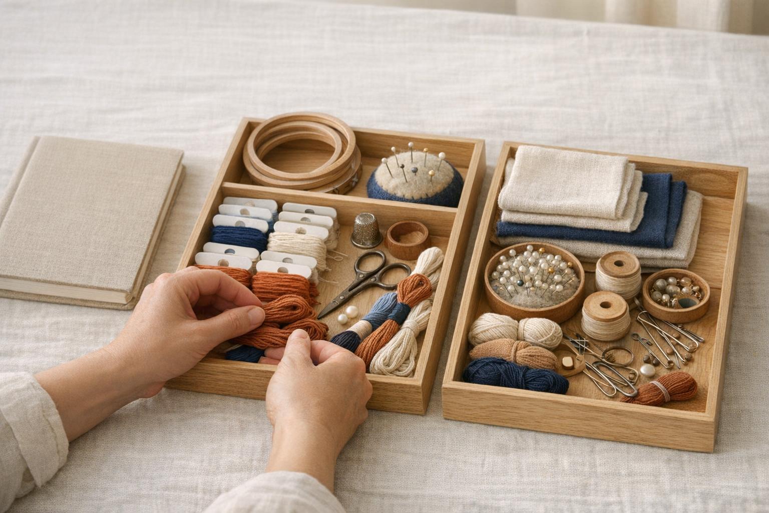 Hands sorting generic embroidery supplies into two simple open trays beside a closed unmarked notebook; no writing or price labels.