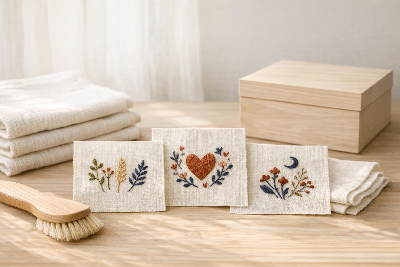 A small collection of practice embroidery swatches and folded blank towels beside a soft cleaning brush and a plain storage box.