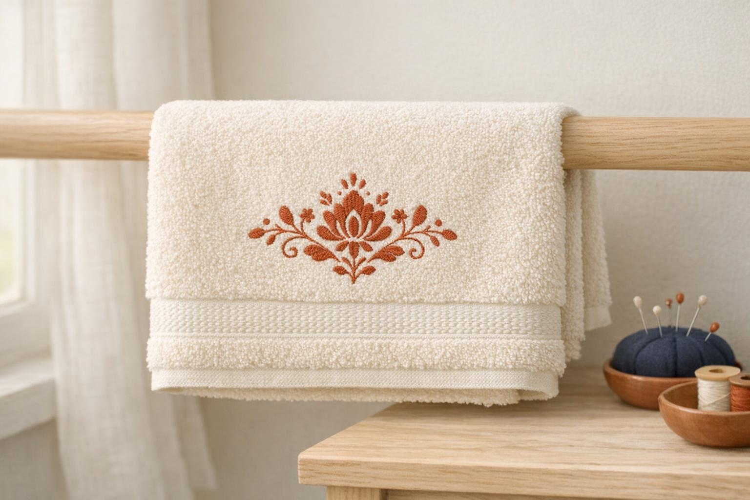 A folded ivory terry towel with a terracotta embroidered motif fully visible above its border on a pale wood rail.