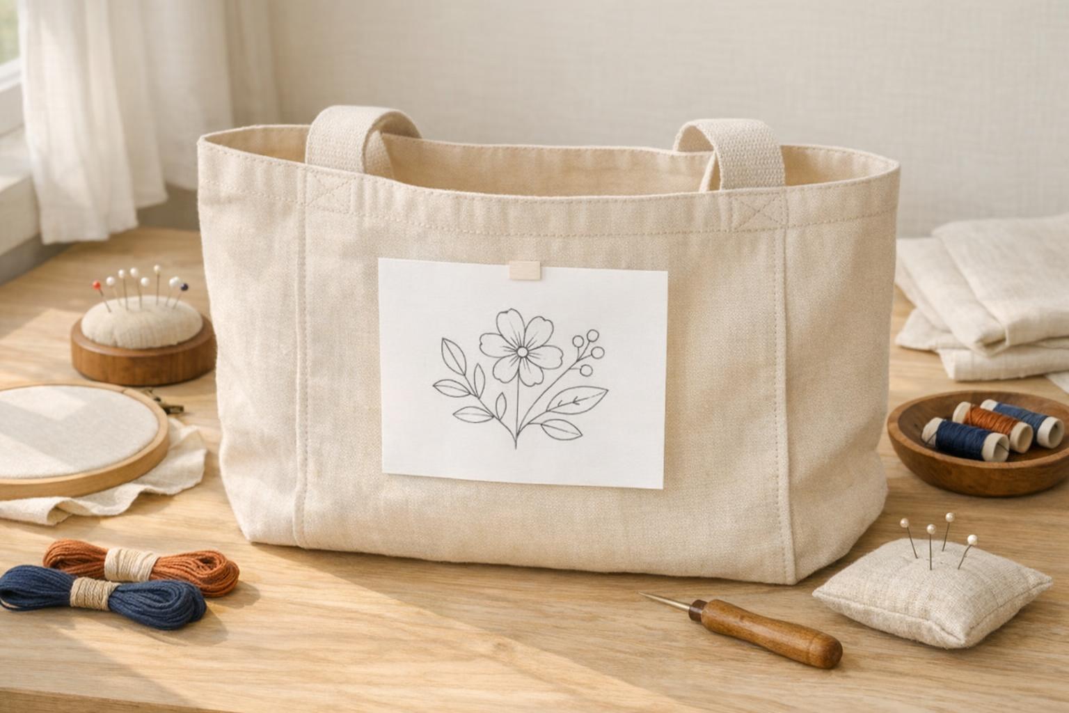 A generic canvas tote on a worktable with a plain paper botanical motif template attached to its front panel.